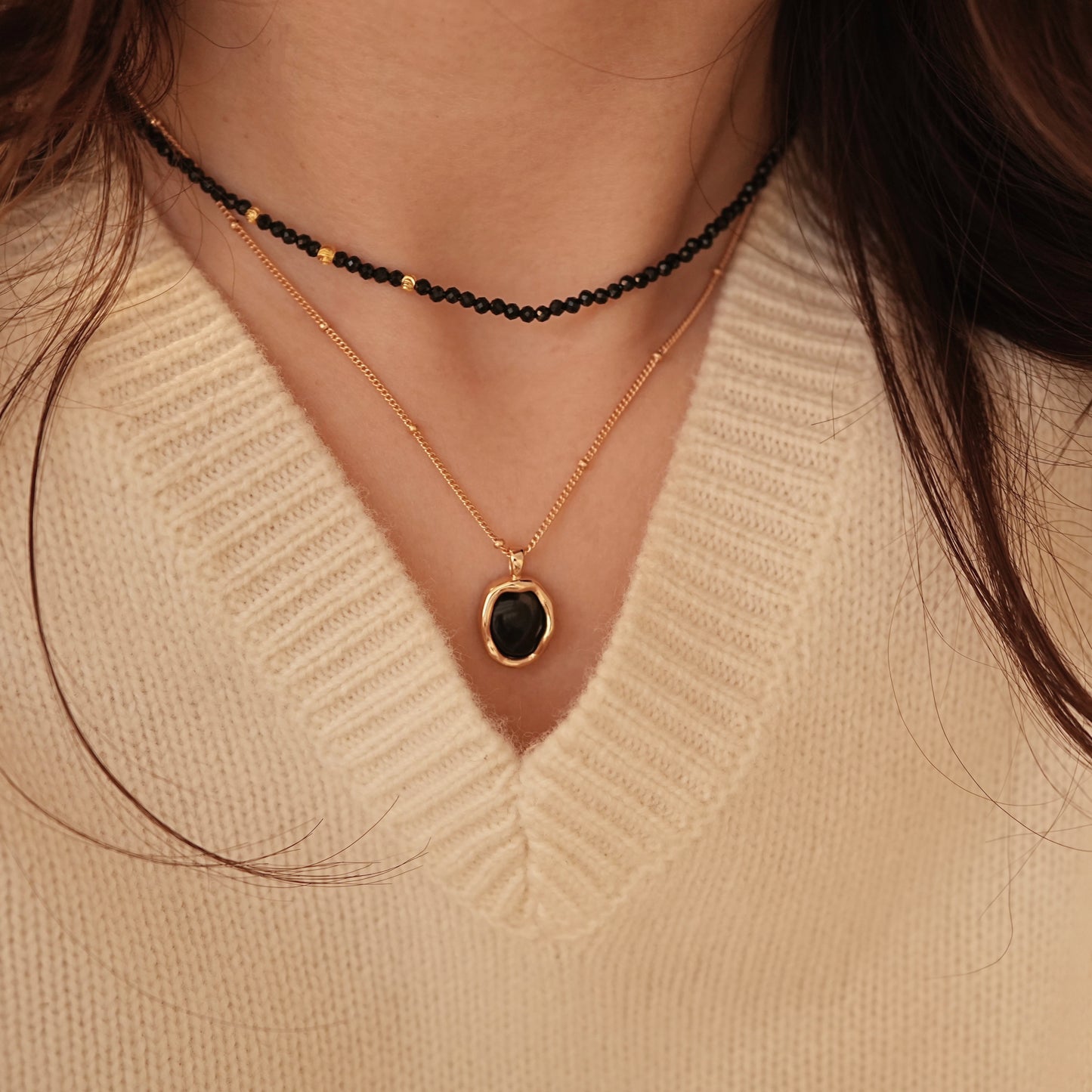 Black Spinel Gem Gold Beads Necklace