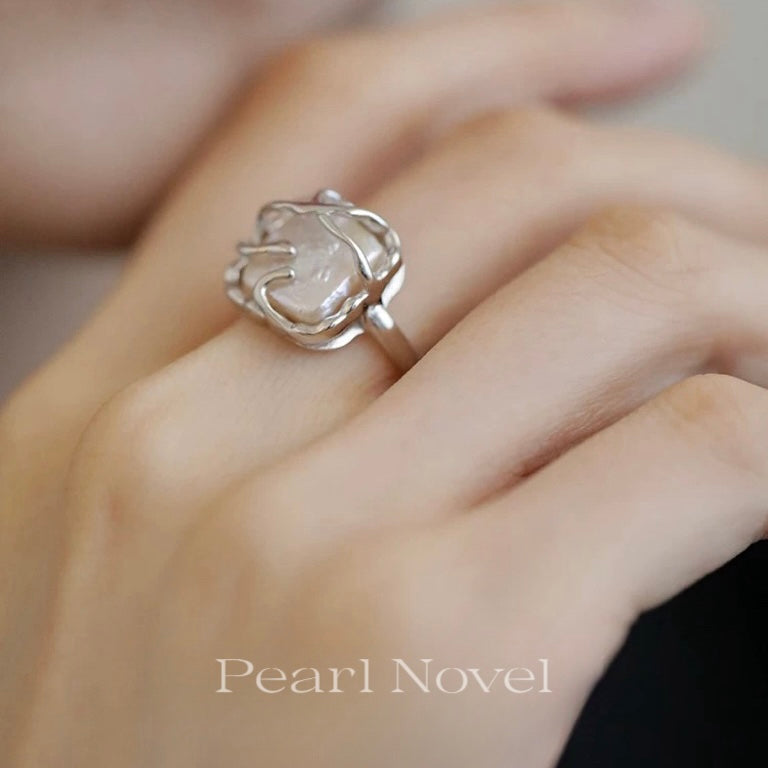 Square Baroque Natural Pearl Nested Open Ring