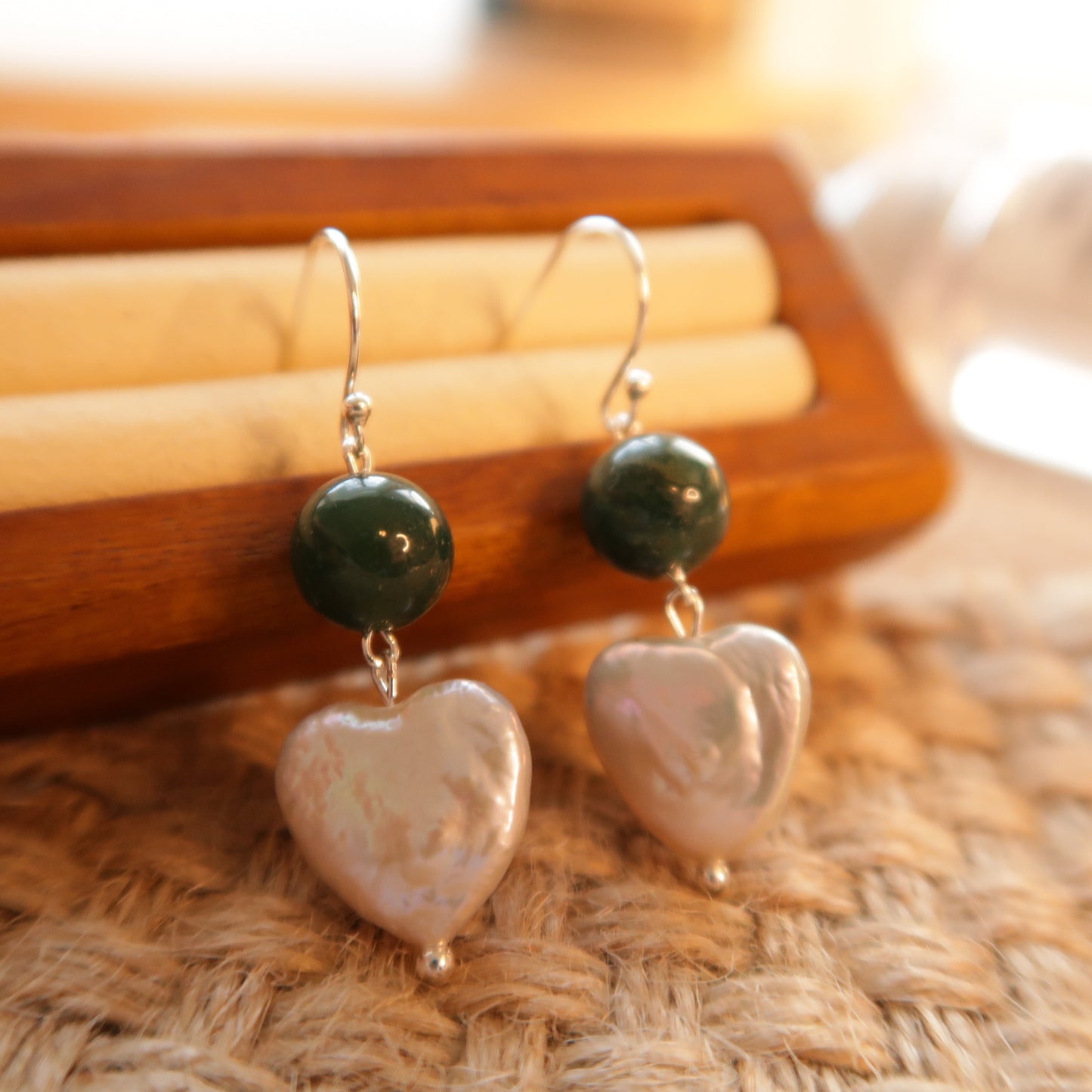 [Limited Edition] Green Agate Natural Baroque Heart-shape Ear Drops